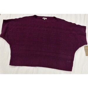 Frye and Co Plum Purple Pointelle Cable Knit Batwing Short Sleeve Sweater ML NEW